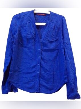 Comptoir des Cotonniers Bright Blue V Neck Button Down Cotton Linen Long Sleeve